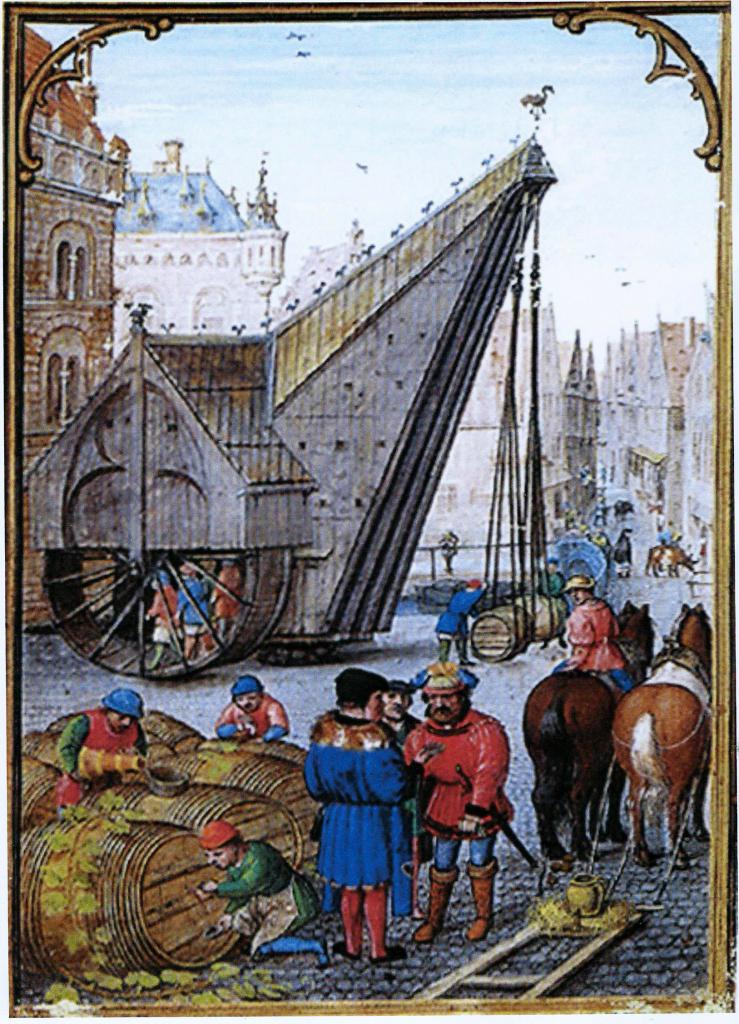 Een befaamd miniatuur uit 1510 van Brugge. Daarop zien we kraankinderen op he tredrad, kooplieden, wijnpeilers en een bierslede.