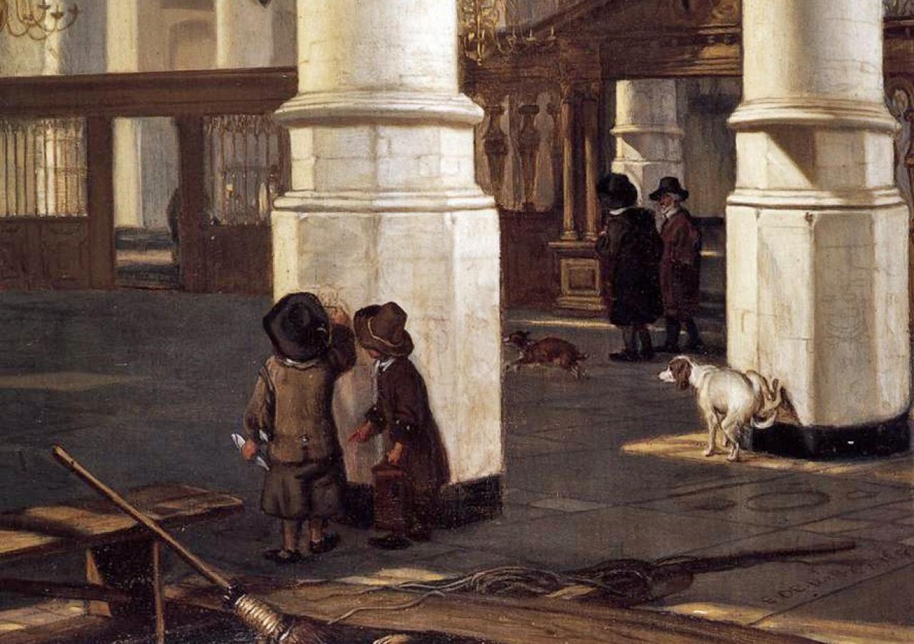 De hondenslager die in de Grote Kerk van Delft zijn taak versloft.